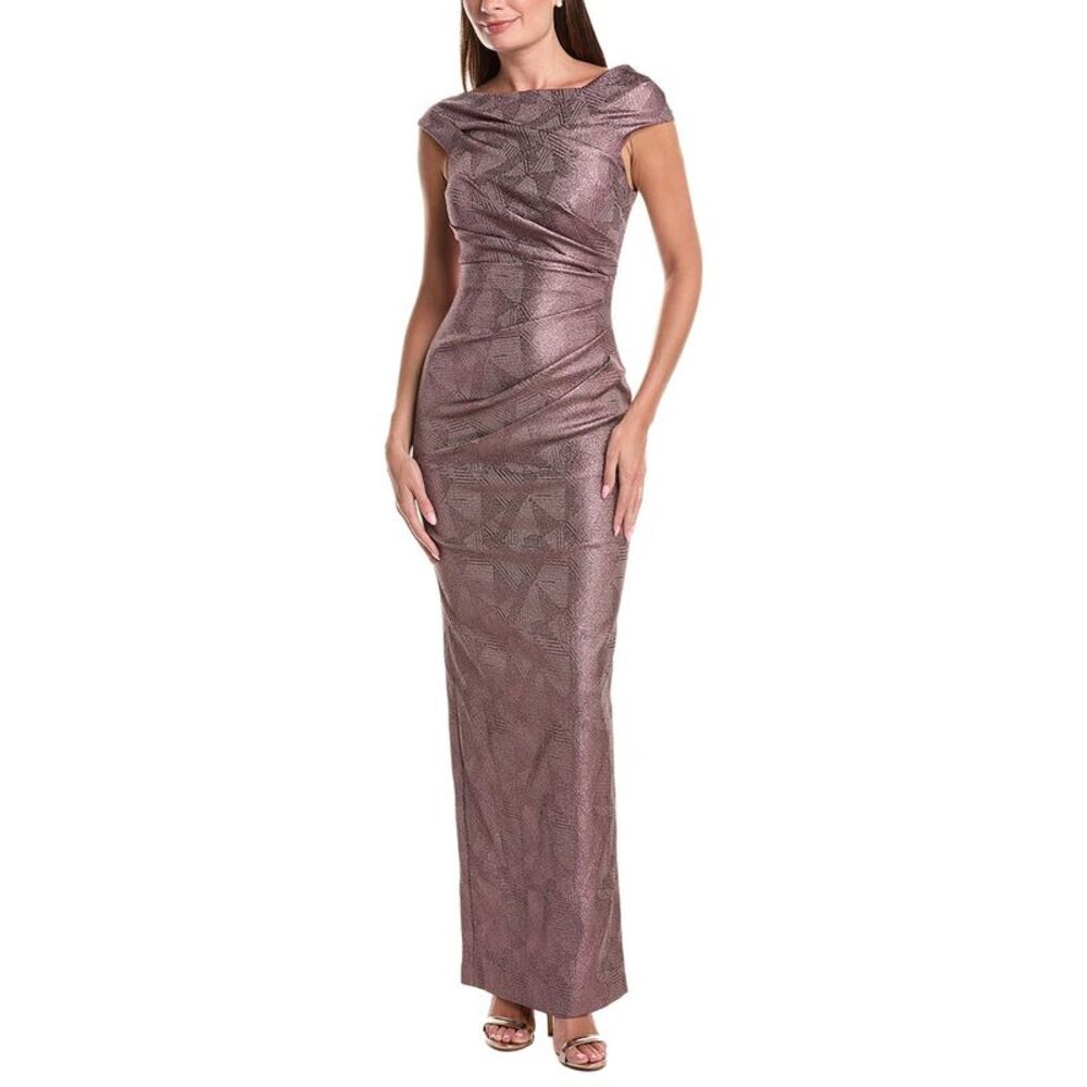 Teri Jon By Rickie Freeman Womens Stretch Jacquard Ruched Asymmetrical Neck